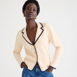 J. Crew Tipped Blazer Sweater Cream Colored XS Gold Buttons Navy Trim